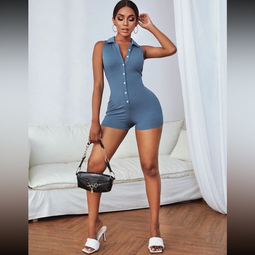 SHEIN Button Up Front Rib-Knit Romper - Picture 5 of 8